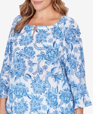 Plus Size Printed Crinkle 3/4 Sleeve Top