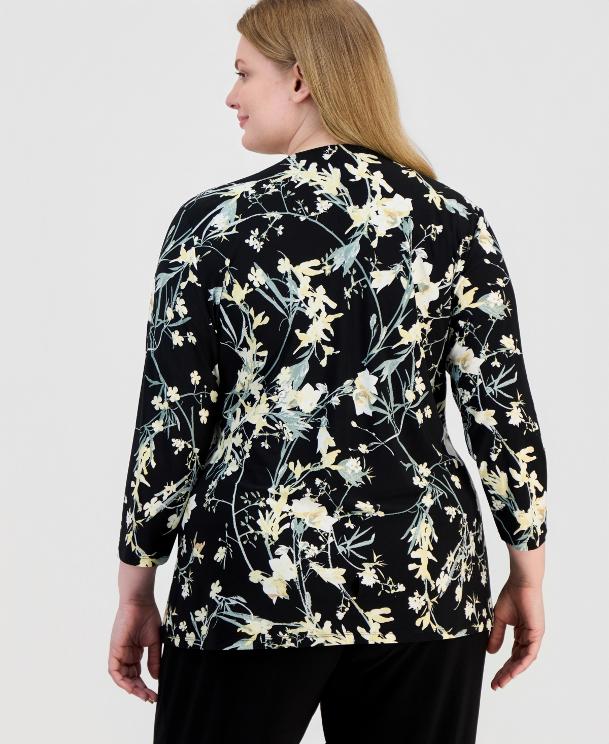 Anne Klein Plus Floral Border Stripe Wrap Top