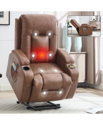 PU Power Lift Recliner 350LB capacity 8-point massage lumbar heat with USB port and cup holders