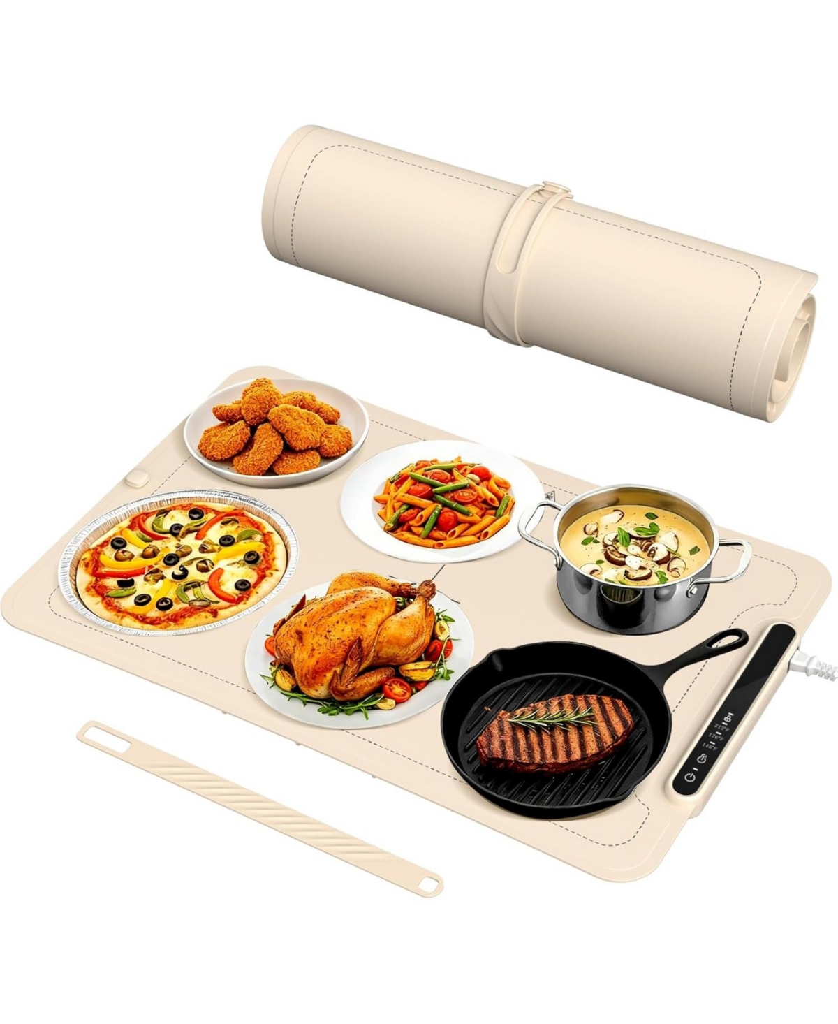 Cowsar Warming Mat for Food, 3-Temp Electric Warmer (140/176/212°F), 250W Low Energy, Auto Shut-Off & Child Safety Lock, Portable Roll-Up Silicone