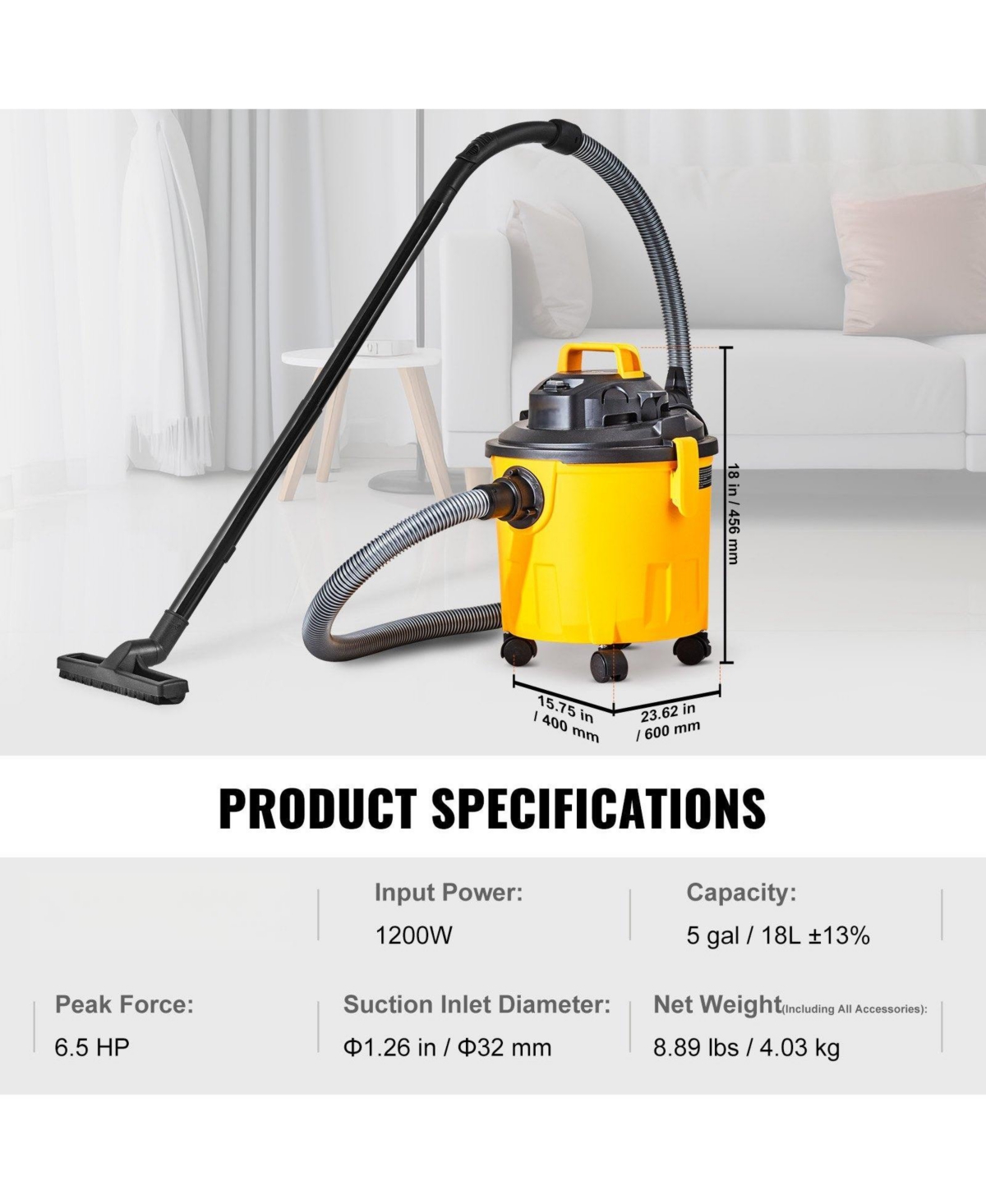 Ecooso Shop Vacuum Wet & Dry, 5-Gal 6 Peak Hp Vac with Powerful Suction & Blower, 2-in-1 Crevice Nozzle, Pet Hair, Car Cleaning