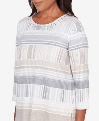 Women's Comfort & Joy Geometric Stripe Embellished Crew Neck Top