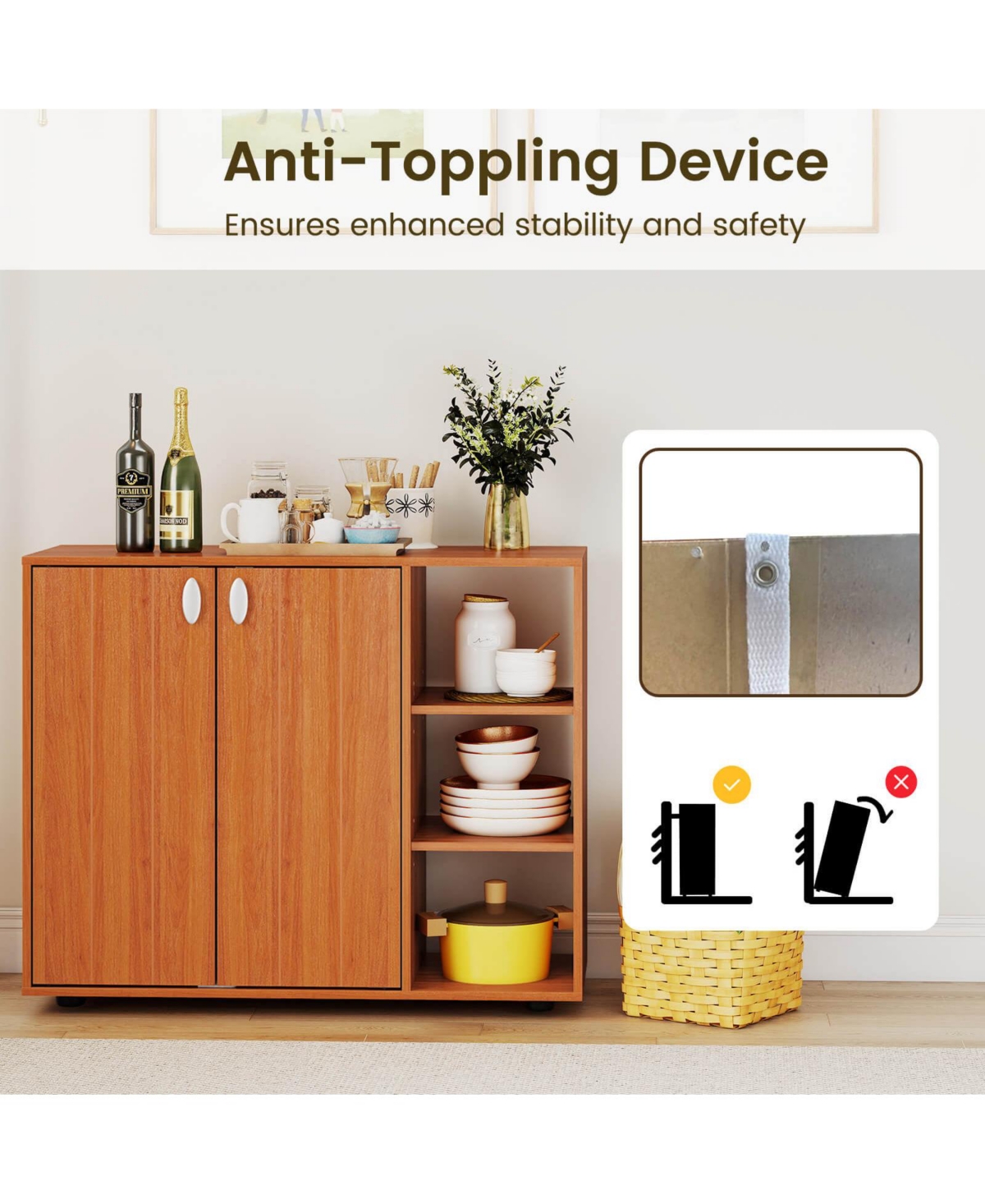 Costway 3-Tier Wooden Shoe Storage Organizer with Doors & 3-Level Adjustable Open Shelves