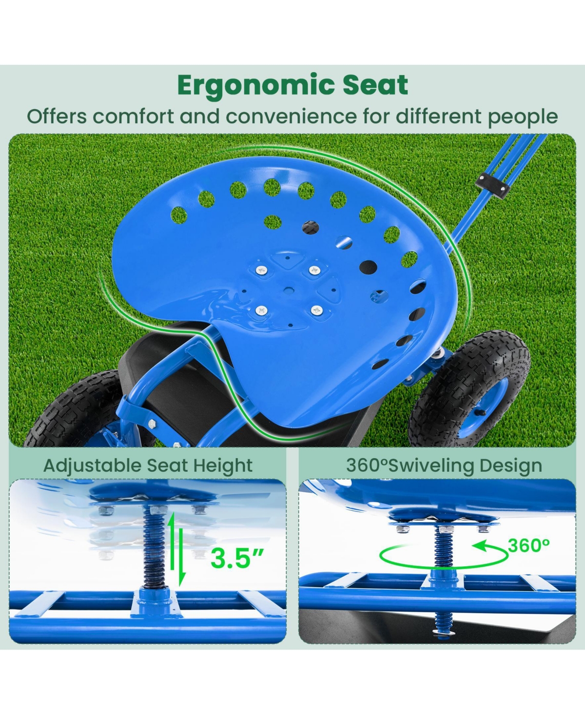 Sugift Heavy Duty Garden Cart with Tool Tray and 360 Swivel Seat-Blue