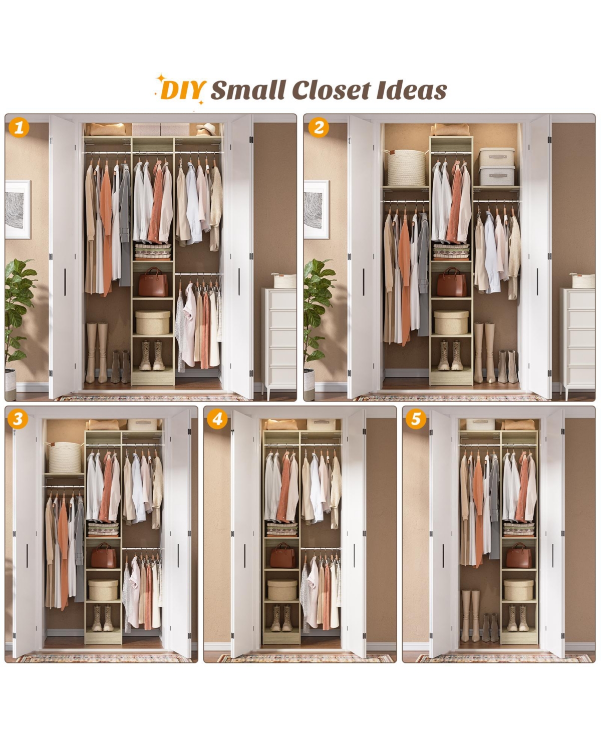 Aheaplus 4FT Small Closet Organizer with 4 Rods and 3 Shelves, 48'' Closet System for Small Space