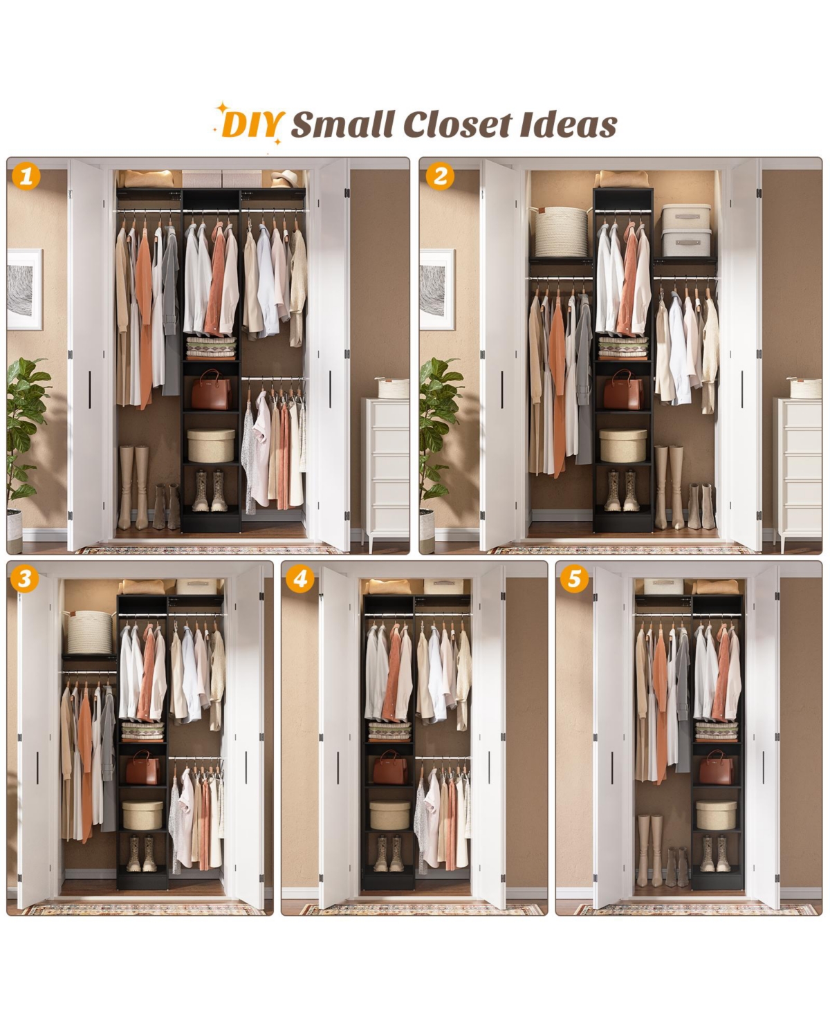 Aheaplus 4FT Small Closet Organizer with 4 Rods and 3 Shelves, 48'' System for Space