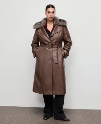 Women's Fur Collar Leather-Effect Coat
