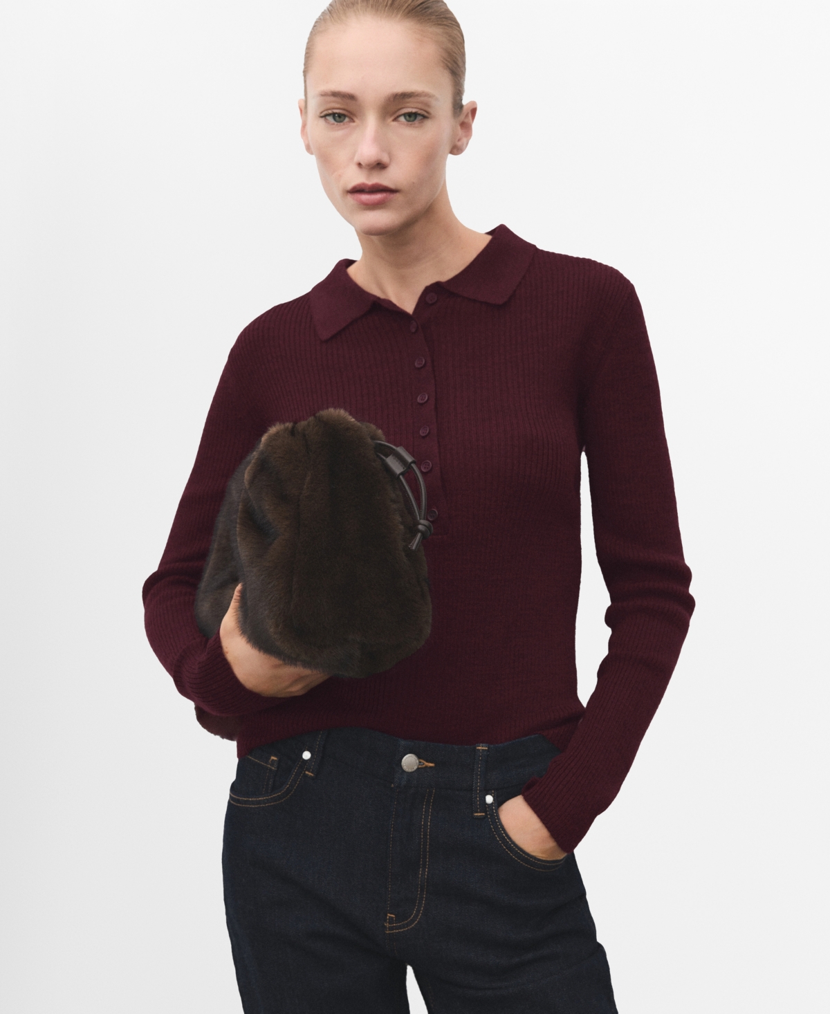 Mango Women's Polo-neck Ribbed Sweater In Burgundy