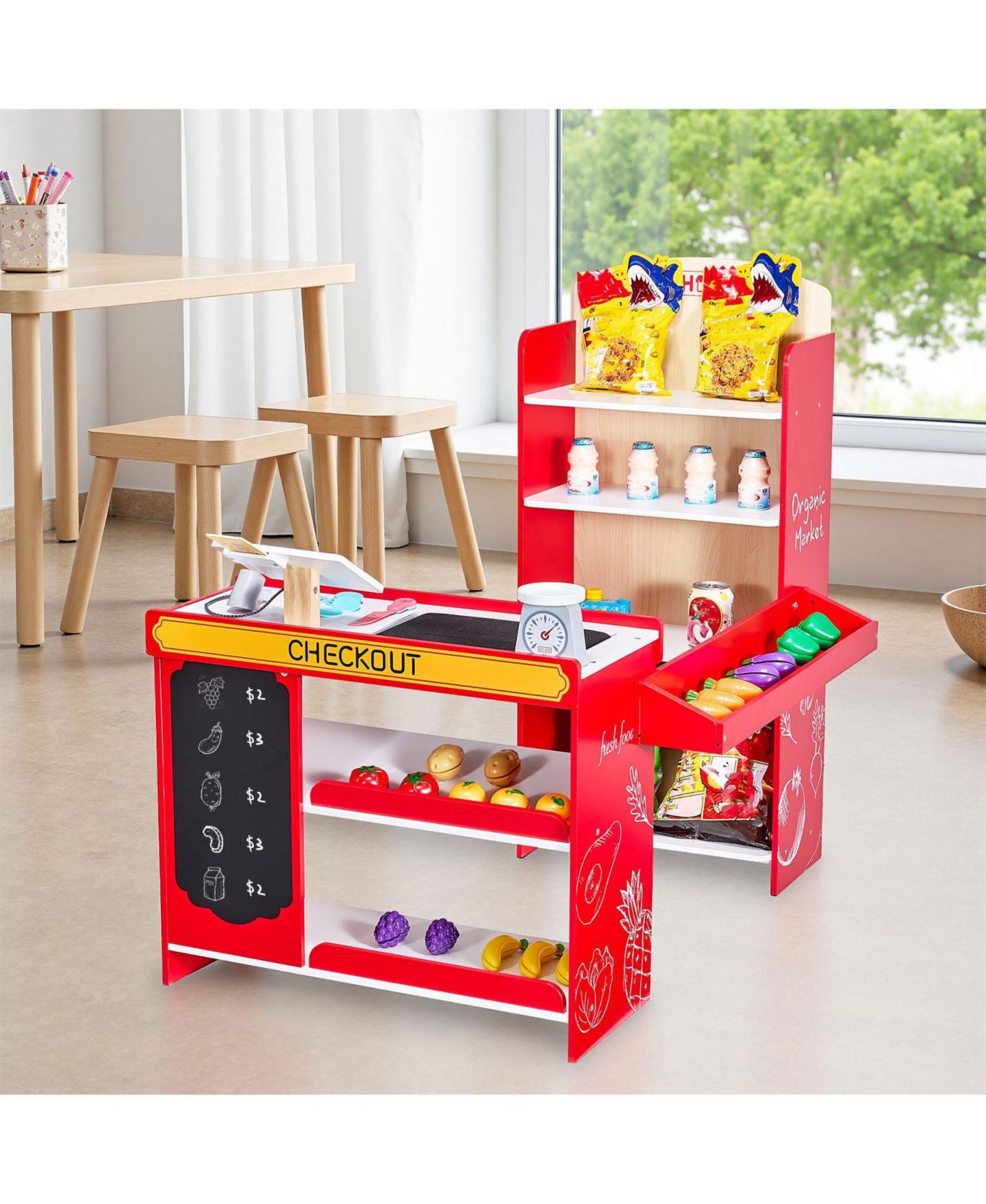 Детский игровой набор Mecale Grocery Store Wooden 35-Piece Playset with Working Conveyor Belt, Ages 3+, цвет: Красный — фото 2