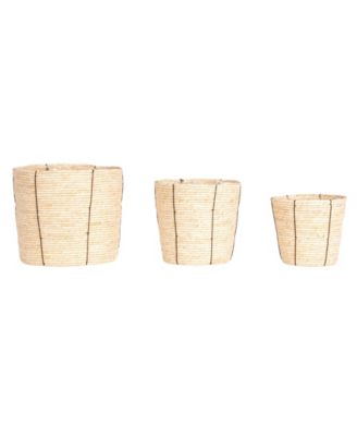 Round Handwoven Corn Rope Baskets with Thin Stripes and Plastic Liner, Natural, Set of 3