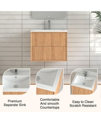 24&#39;&#39; Floating Bathroom Vanity Set, Wall Mounted Solid Wood Bathroom Cabinet with 2 Storage Drawers,White Resin Integrated Basin