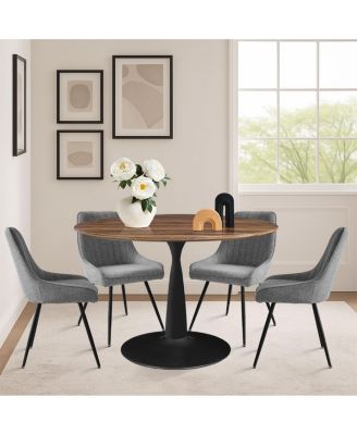 5-Piece Dining Table Set with Round Walnut Table, Metal Base and Upholstered Chairs for Space-Saving Kitchen Use