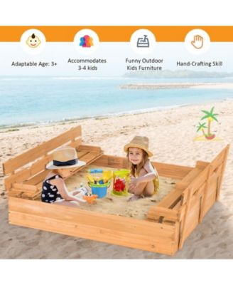 Kids Wooden Sandbox with 2 Foldable Bench Seats