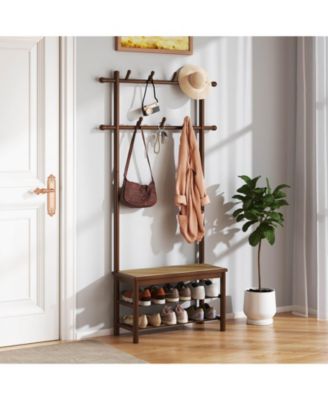 Bamboo Coat Rack with Bench Shoe Storage 2 Hanging Rods 11 Hanging Hooks Shelves