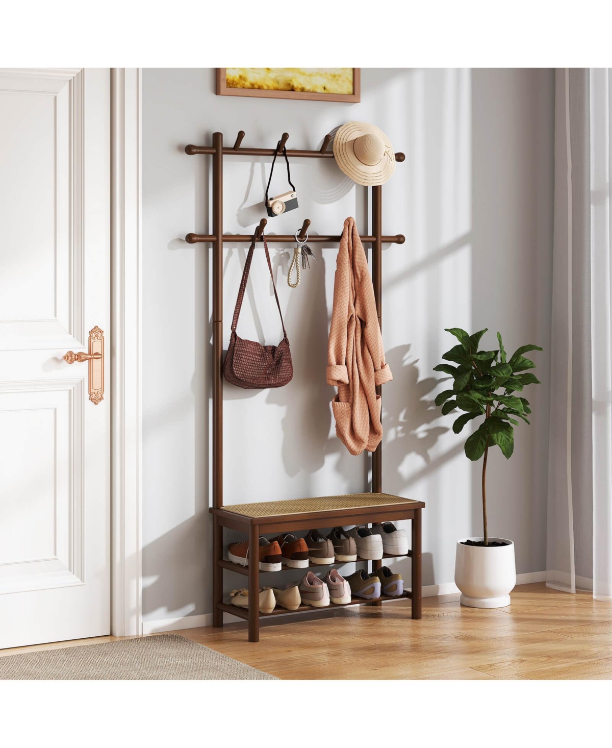 Costway Bamboo Coat Rack with Bench Shoe Storage 2 Hanging Rods 11 Hooks Shelves