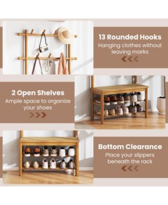 Bamboo Coat Rack with Bench Shoe Storage 2 Hanging Rods 11 Hanging Hooks Shelves