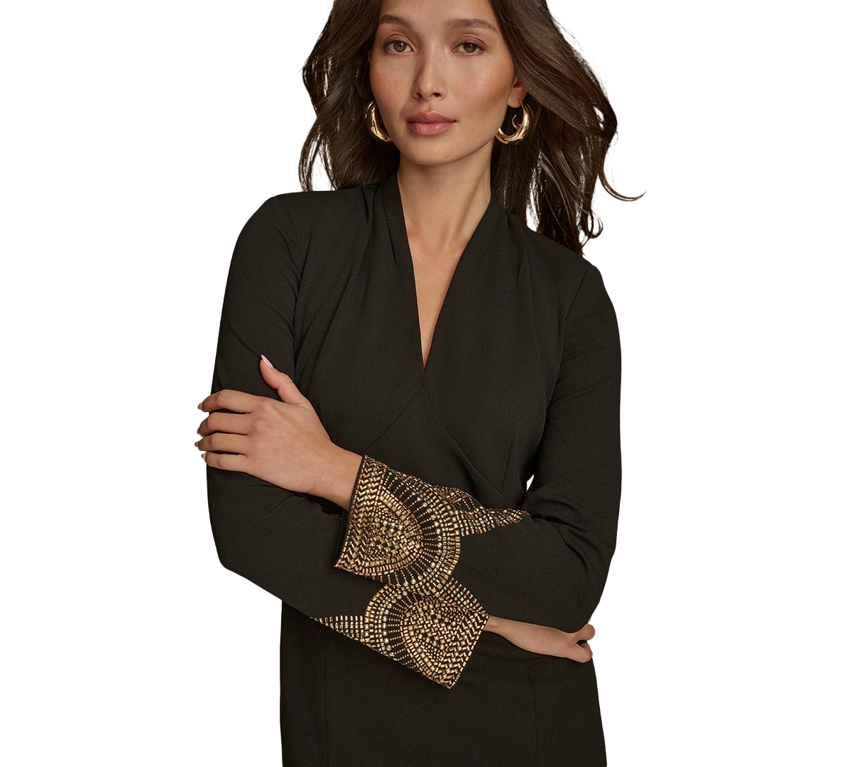 Donna Karan New York Women's Long Sleeve V-neck Hot Fix Sheath Midi Dress