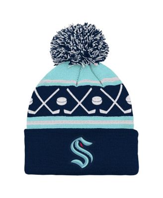 Little Boys and Girls Deep Sea Blue Seattle Kraken Faceoff Cuffed Knit Hat with Pom