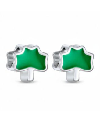 Set of 2 Good Luck Lucky Irish Shamrock Enamel Green Clover Charm Bead Sterling Silver Fits European Bracelet