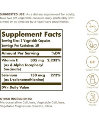 Dry Vitamin E with Yeast-Free Selenium Vegetable Capsules ,100 V Caps