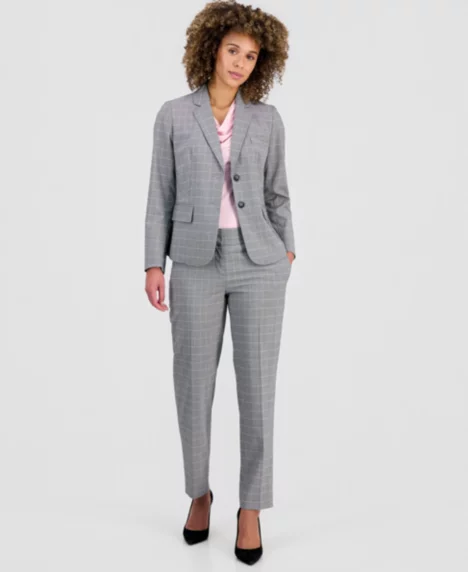 Women's Plaid Two-Button Blazer & Plaid Slim-Leg Pants - None