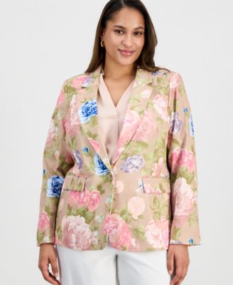 Plus Size Printed Notch-Lapel Satin Blazer