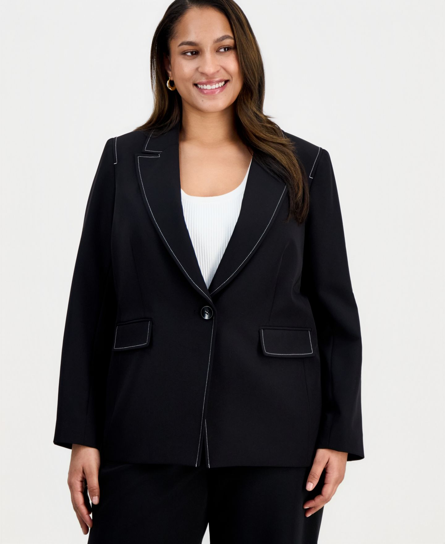 Женский пиджак Tahari ASL Plus Size Peak-Lapel Single-Button-Front Long-Sleeve Blazer, цвет: Чёрный белый — фото 1