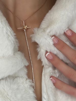 Sterling Silver Cubic Zirconia Flower Accent Cross Long Line Drop Pendant