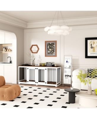 71 Inch Dog Crate Furniture, Heavy-Duty Wooden Dog Kennel with Trays and Divider for Large Medium Dogs