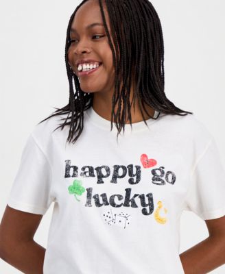 Juniors' Short-Sleeve Cropped Happy Go Lucky Graphic T-Shirt