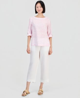 Women's 100% Linen Cropped Scalloped-Hem Wide-Leg Pants, Macy's Exclusive