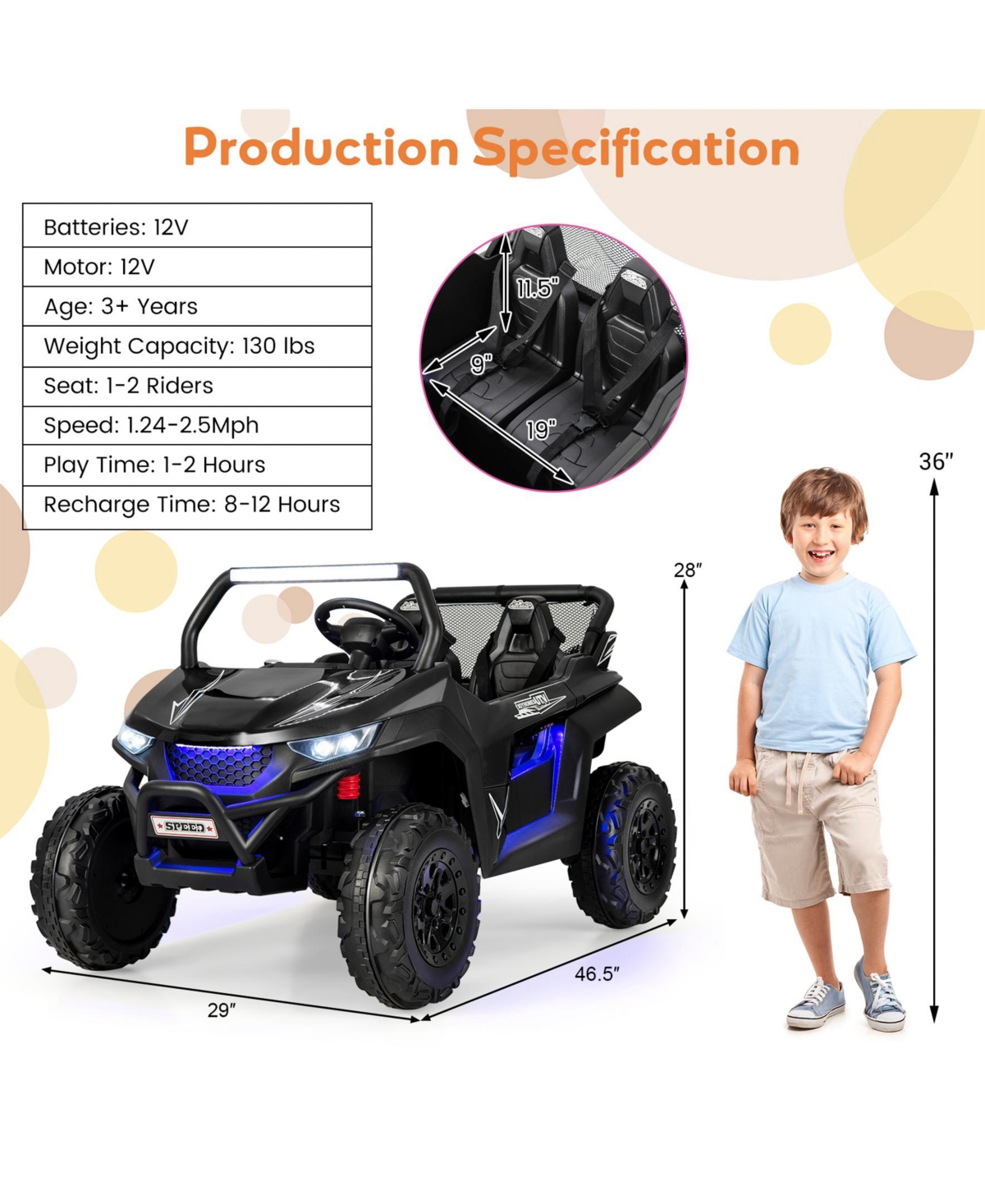 Sugift 12V 2-Seater Kids Ride on Utv with Slow Start Function Music-Black