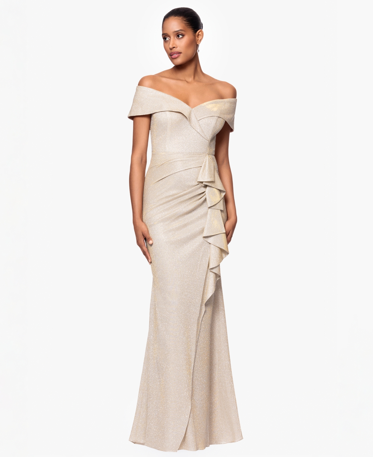 Xscape Women's Metallic Off-The-Shoulder Ruffled Gown