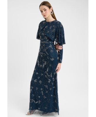 Women's Modest Embellished Sequin Beaded Dress Maxi With Attached Cape