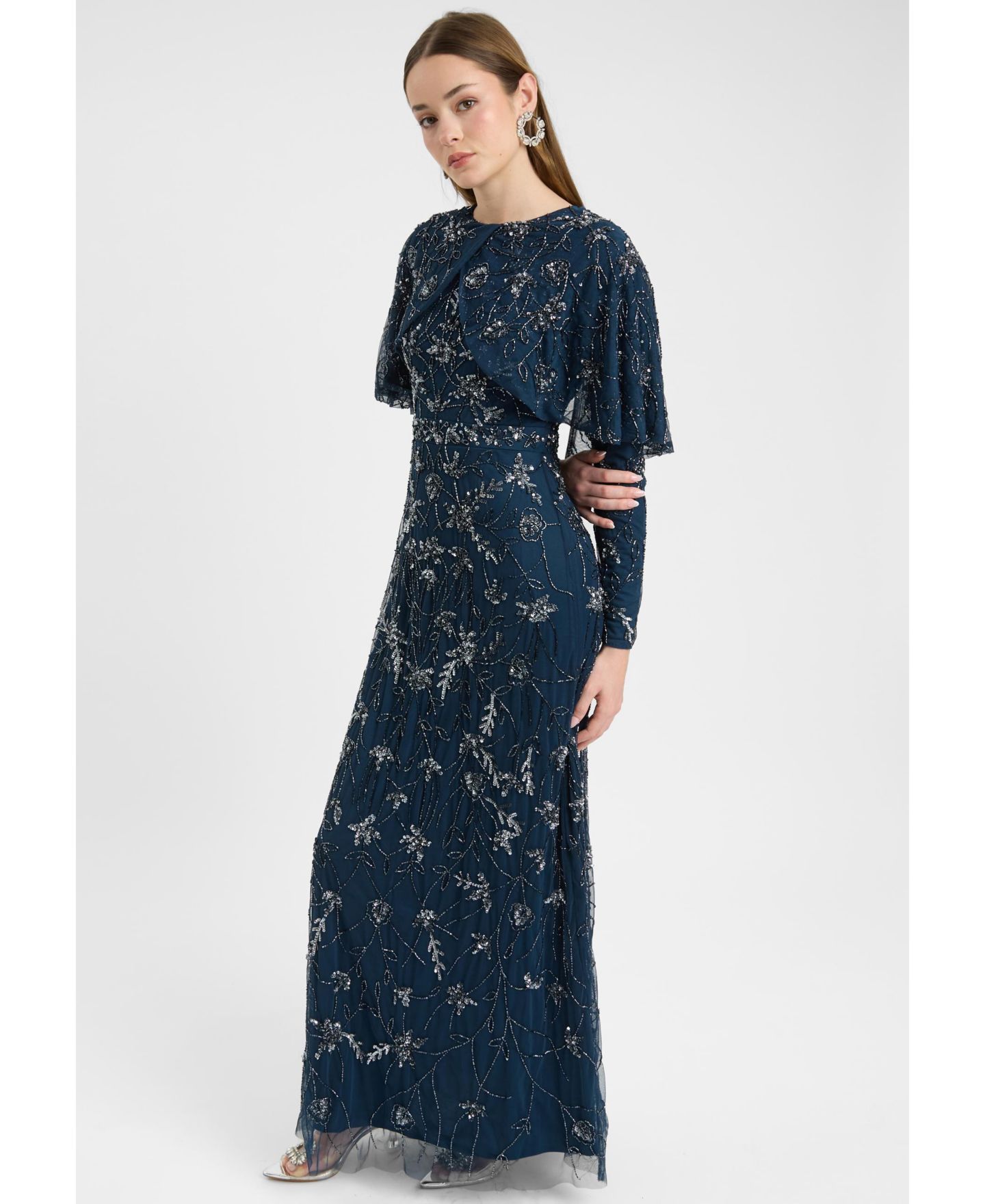 Женское платье Maryisa Modest Embellished Sequin Beaded Dress Maxi With Attached Cape, цвет: Тёмно-синий — фото 3