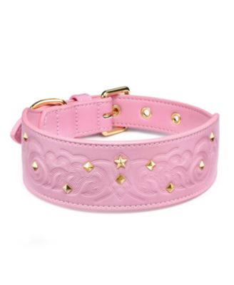 Silver-Powered Freshness Microfiber Suede Dog Collar – Embossed Classic Pattern with Bronze Studs