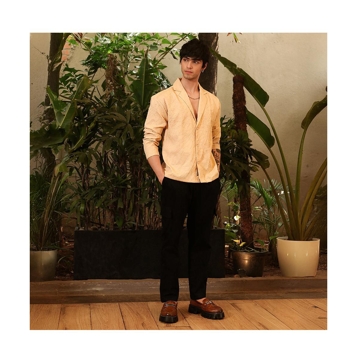 Campus Sutra Men's Buff Beige Quad-Tactile Oversized Shirt.