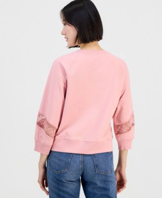 Women's Pleated Lace-Trim 3/4-Sleeve Sweatshirt