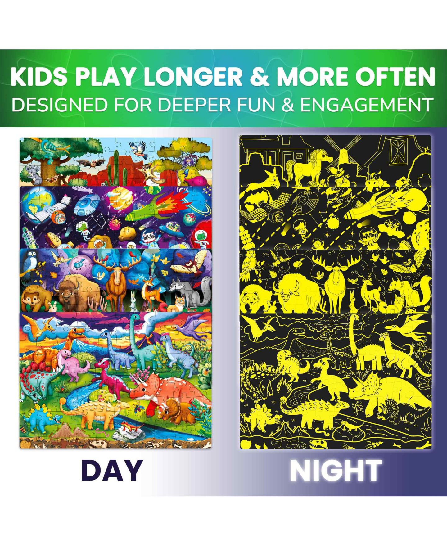 Детский пазл Quokka Glow-in-the-Dark Dinosaurs 4x100 Piece Puzzle, Ages 3+, цвет: Spacedinosaursanimals — фото 5