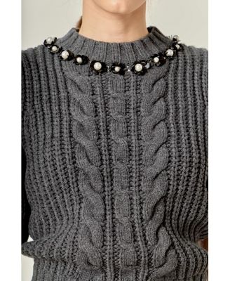 Women's Pearl Embellishment Puff Sleeve Knit Sweatshirts