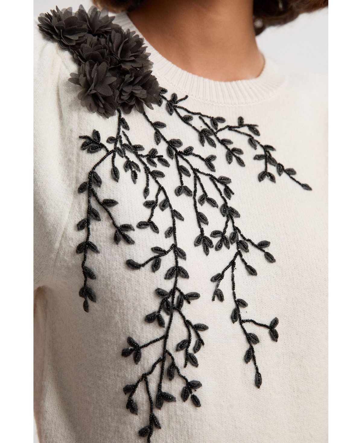 Karen Millen Women's Flower And Beaded Puff Sleeve Knit Tee