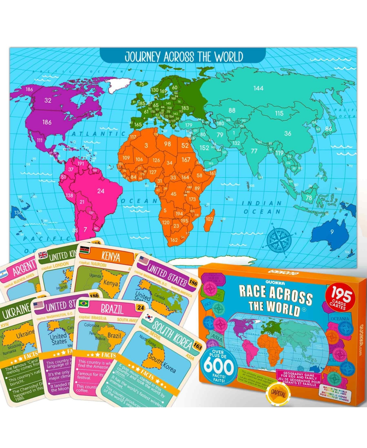 Quokka Board Games for Kids and Adults - Journey Across The World - Learn Capitals, Flags, Facts, and Map Locations with 195 World Map Cards