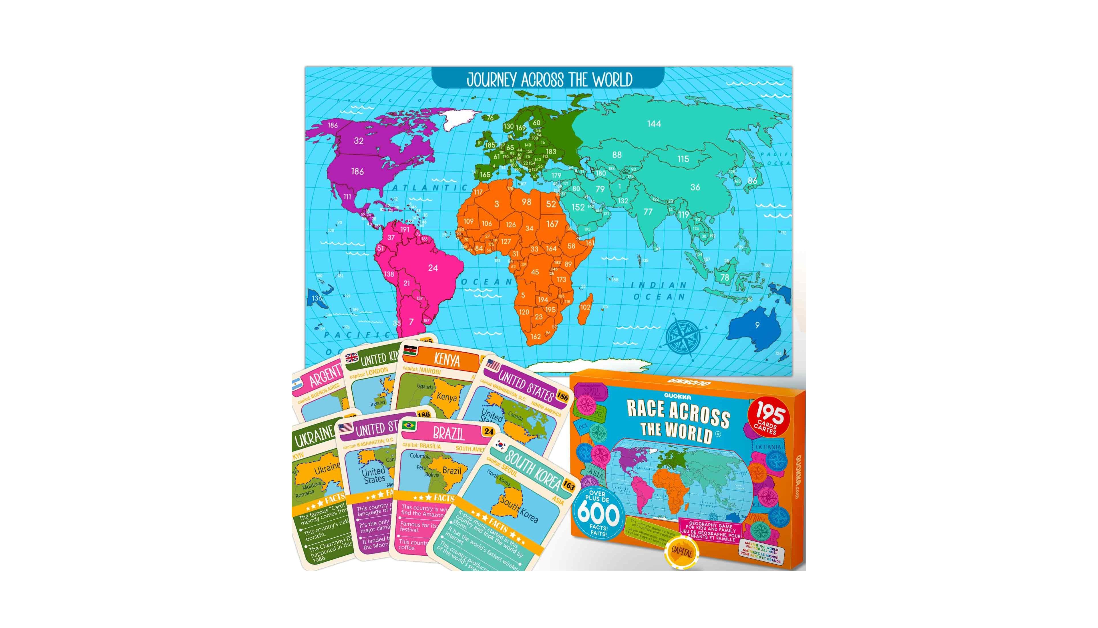 Quokka Board Games for Kids and Adults - Journey Across The World - Learn Capitals, Flags, Facts, and Map Locations with 195 World Map Cards