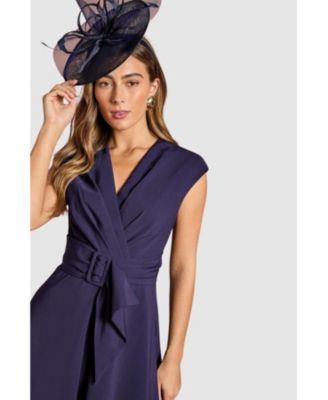 Women's Belted Crepe V-Neck Midi Dress