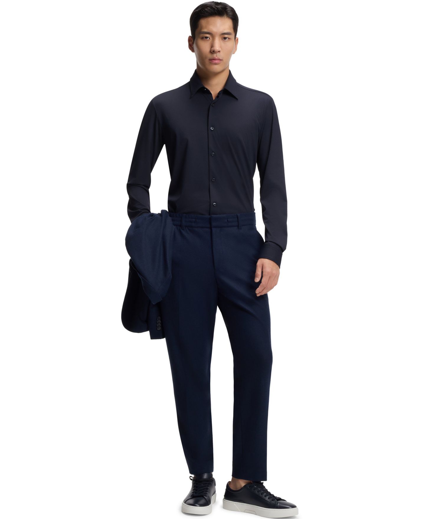 Мужская рубашка Hugo Boss Performance-Stretch Structured Jersey Slim-Fit Dress Shirt, цвет: Тёмный синий — фото 4