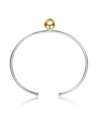 Sterling Silver Two-Tone with 14K Gold Plated Sphere and Sleek White Gold Plated Design Open Cuff Bracelet