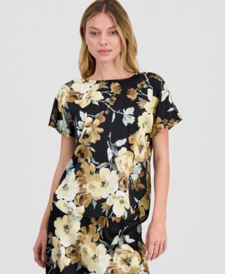 Women's Floral-Print Bateau-Neck Top & Pull-On Flared Skirt
