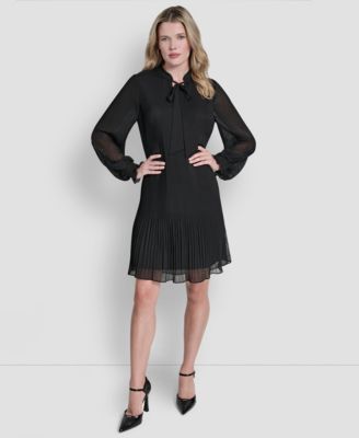 Women's Chiffon Pleated Tie Collar Shift Dress