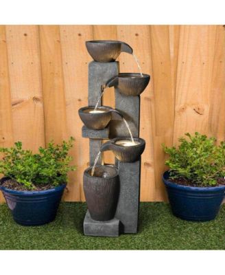 39" Modern Outdoor Water Fountain with LED Light - 5-Tier Crock Cascading Garden Fountain, Contemporary Design for Patio