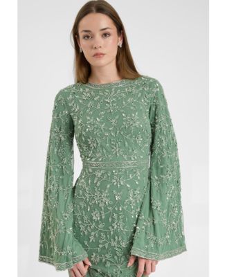 Women's Modest Embellished Sequin Beaded With Sleeves Design Maxi Dress